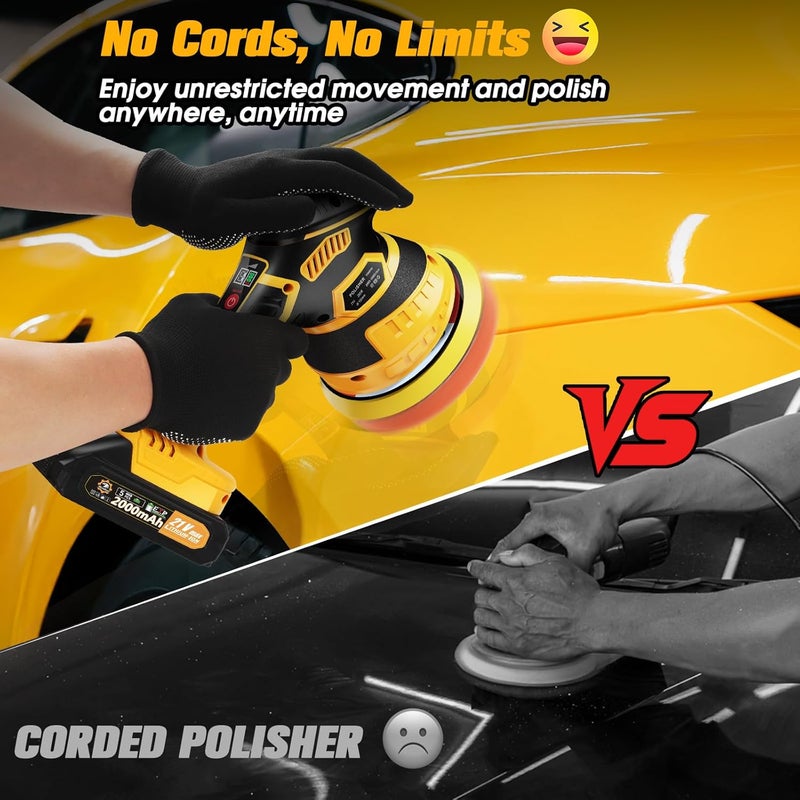 Niusken Cordless Car Buffer Polisher kit [2x 2000mAh 21V Batteries & 18 PCS Attachments] 6-Speed Orbital Design, LED Display, Lightweight Detailing Tool for Waxing, Polishing & Scratch Removal - Image 2